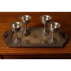 1930s English Silver Plated Tray + 4 Repoussé Goblets CGL&S Birmingham England